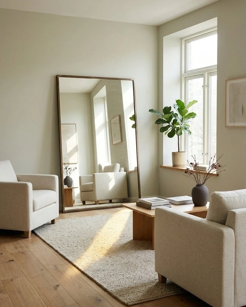 Large floor mirror leaned beside a window bouncing daylight across the room.