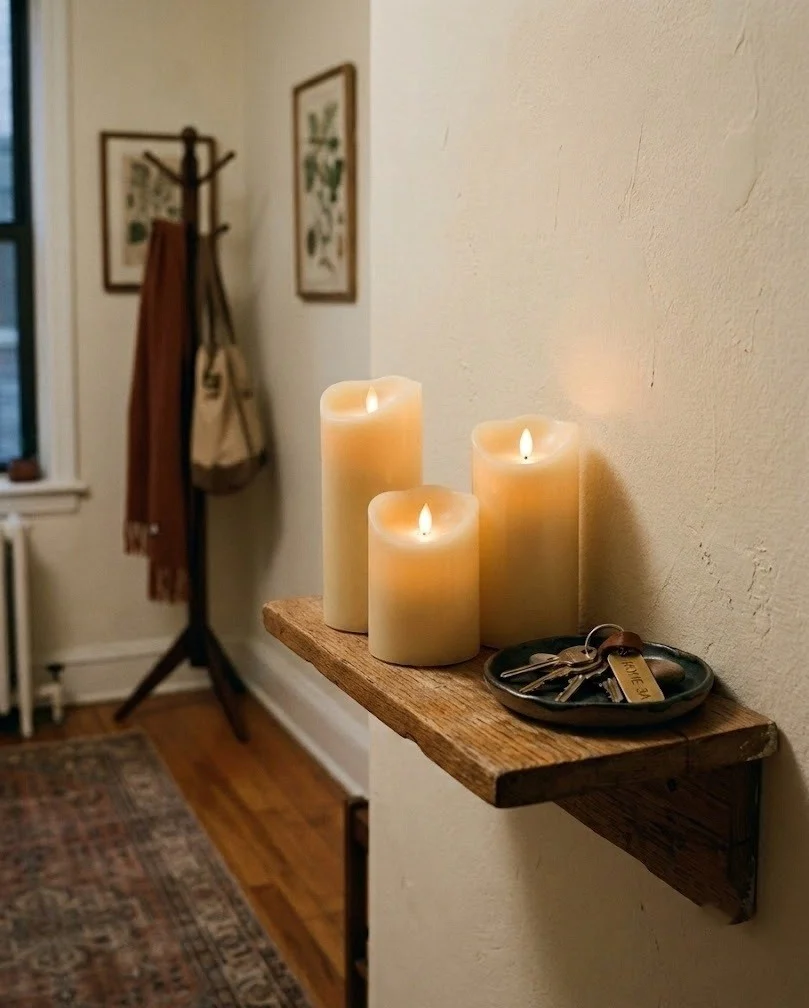 Warm LED pillar candles glowing on a small fall entryway shelf