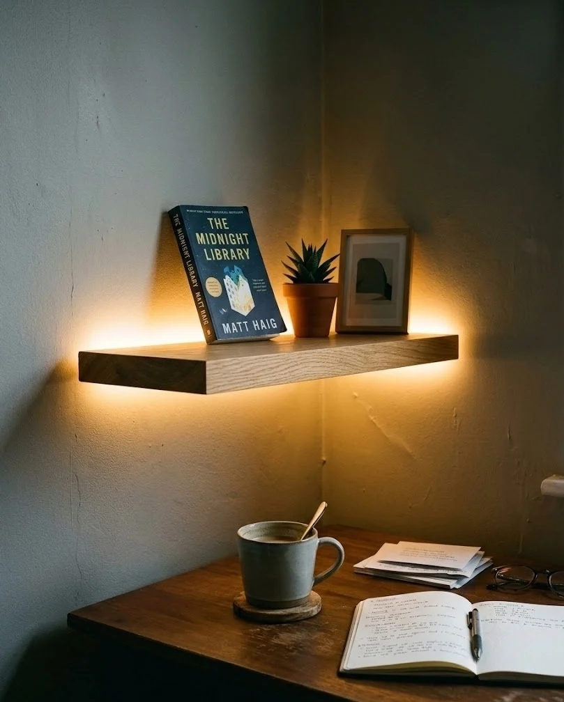Hidden adhesive LED strip lighting the wall behind a rental desk shelf