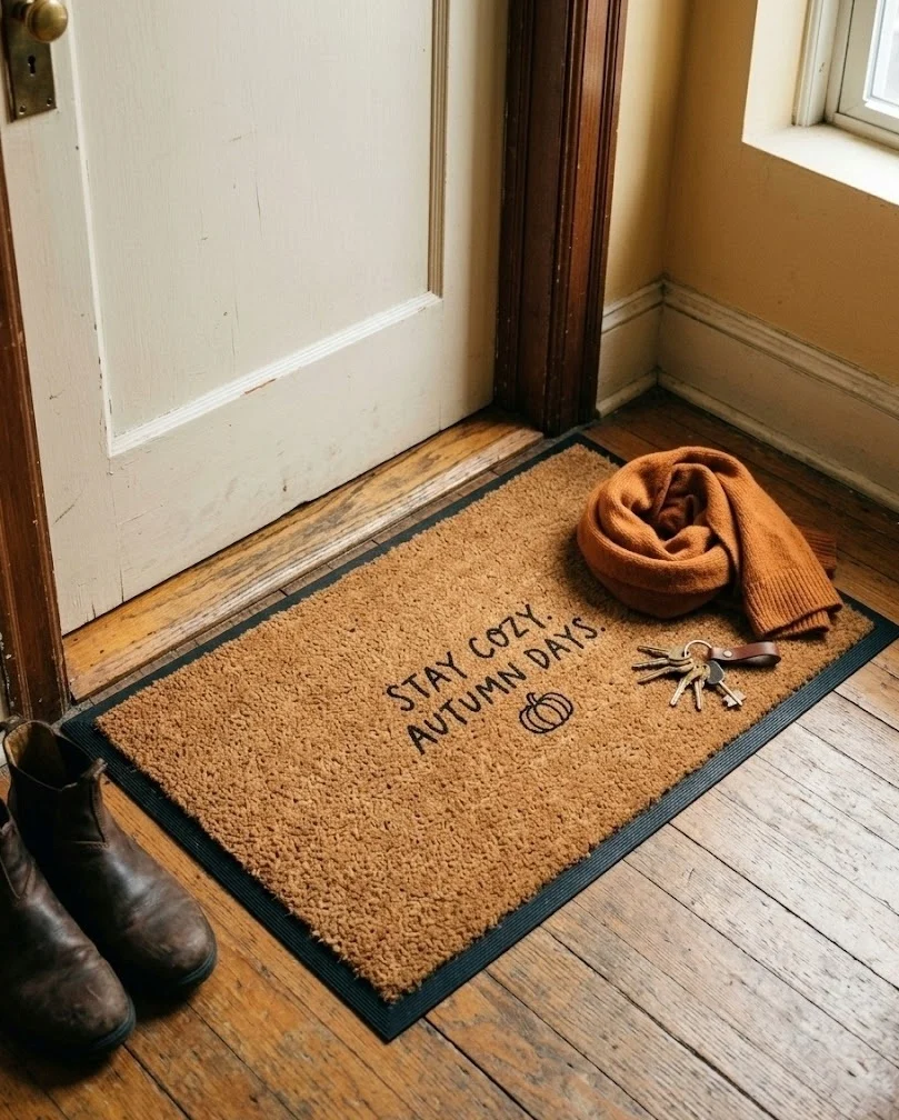 Coir doormat with autumn lettering at a compact apartment entry
