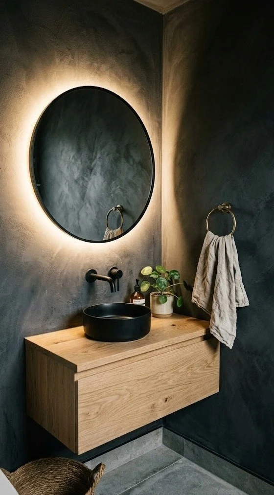 Backlit round mirror lighting soft-black limewash walls in a moody powder room