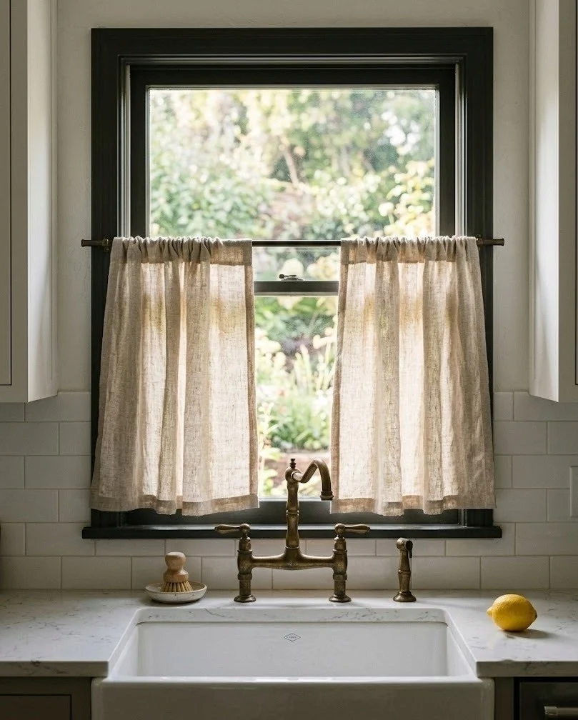 Unlined flax linen cafe curtain across a kitchen sink window above a white apron sink