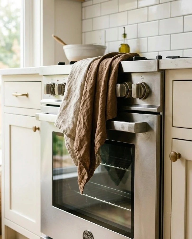 Flax and chestnut washed linen tea towels layered over a stainless oven bar handle