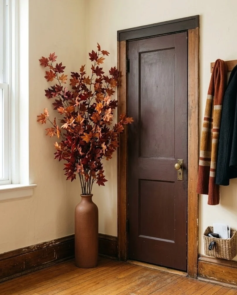 Faux maple branches in a floor vase in a small fall entryway corner