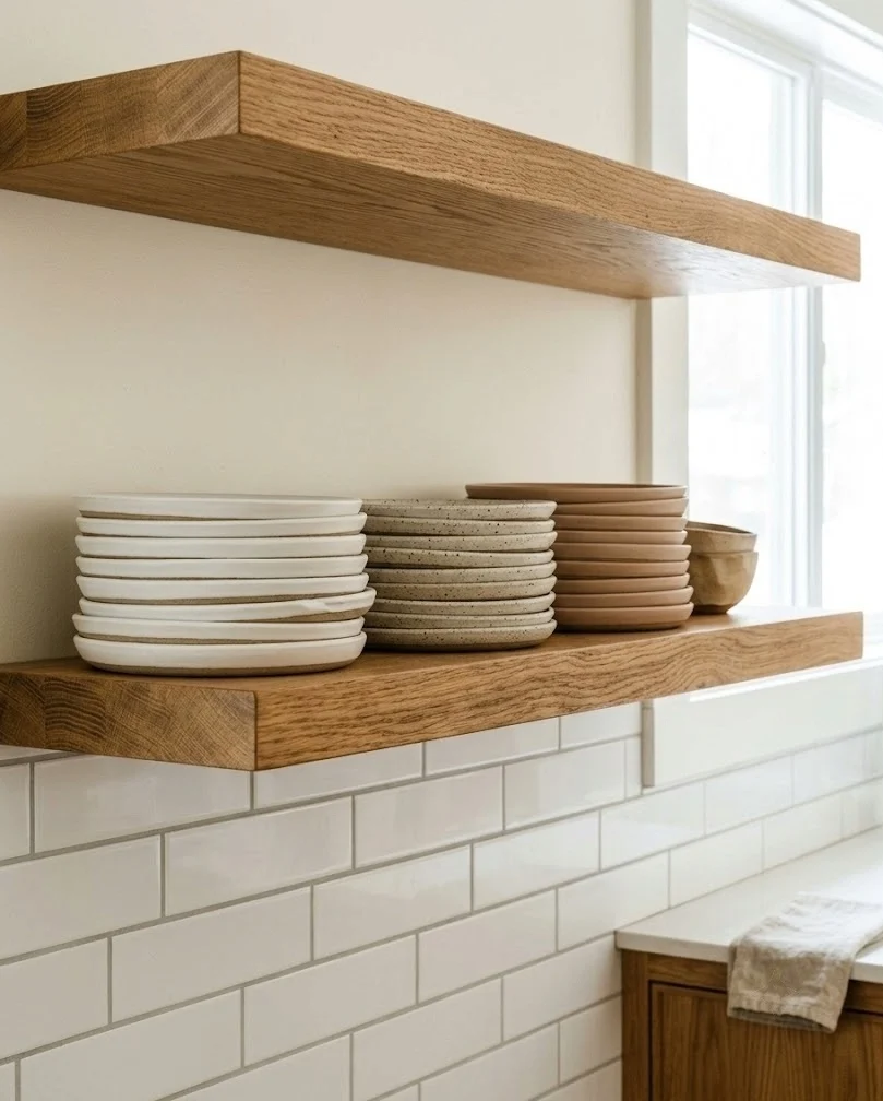 Three stacks of matte bisque plates in cream, oatmeal and clay tones on an oak open shelf