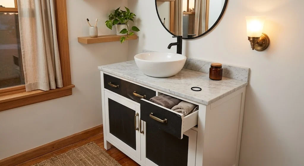 Rental bathroom vanity doors wrapped in matte black contact paper with brass pulls