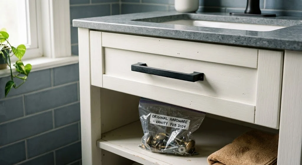 Renter friendly vanity makeover detail with matte black pulls in existing holes