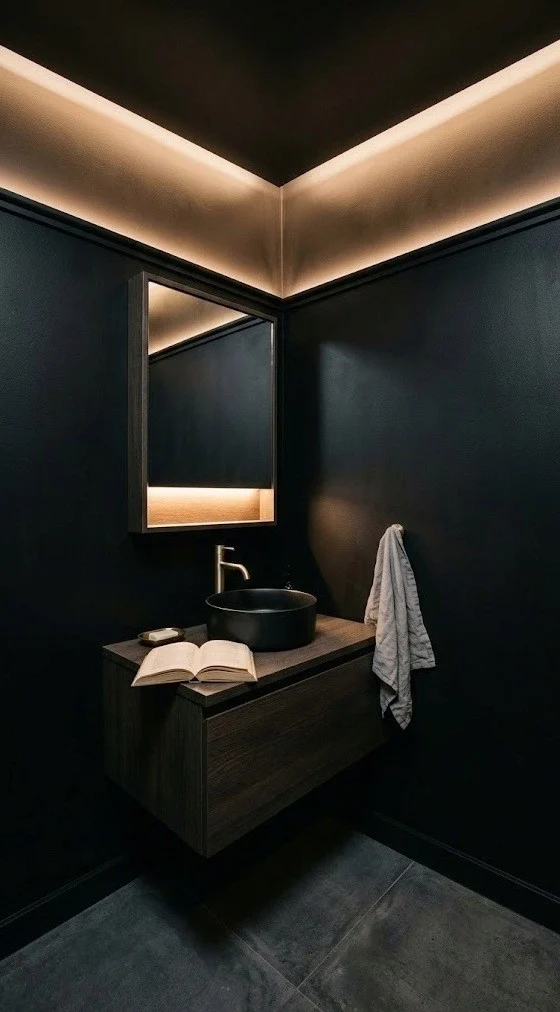 Matte-black walls and ceiling with a glowing warm LED cove strip