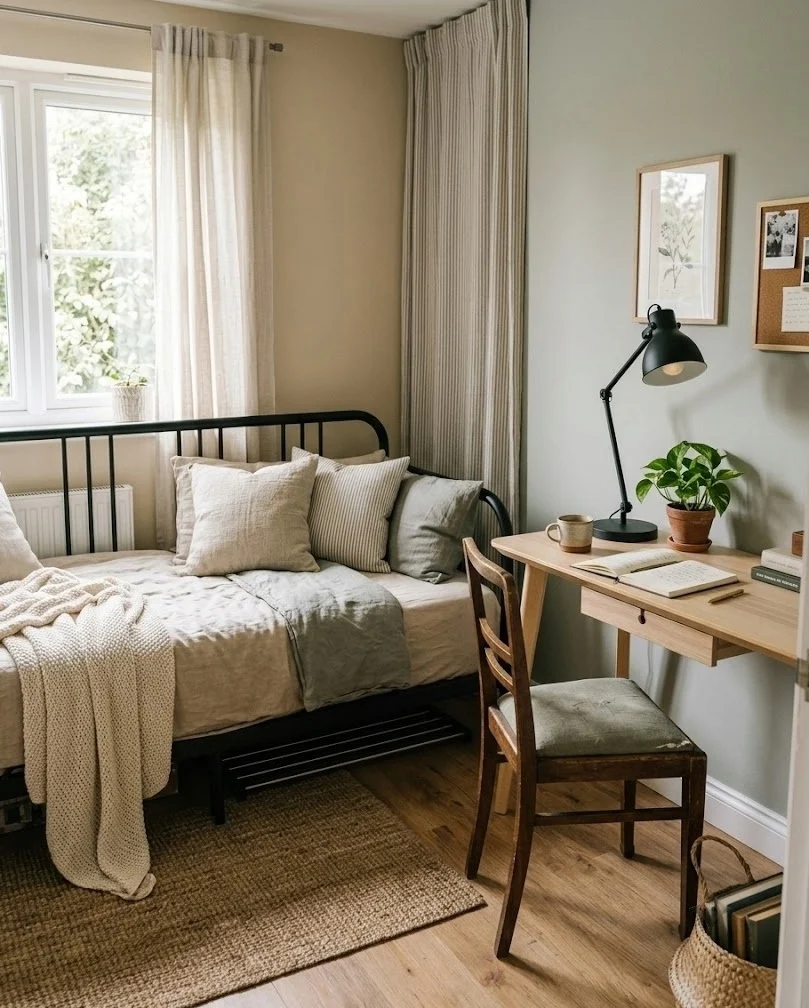 Guest room office combo with metal daybed under window and slim desk opposite