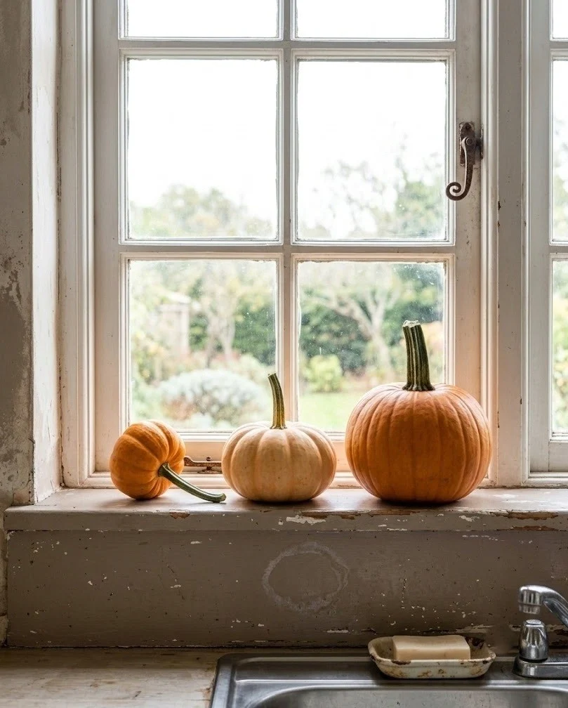 Fall kitchen decor on a small kitchen windowsill with three mini pumpkins