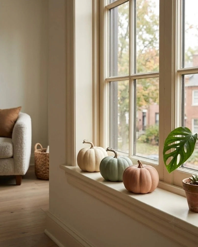 Three mini muted faux pumpkins lined up on a small living room windowsill