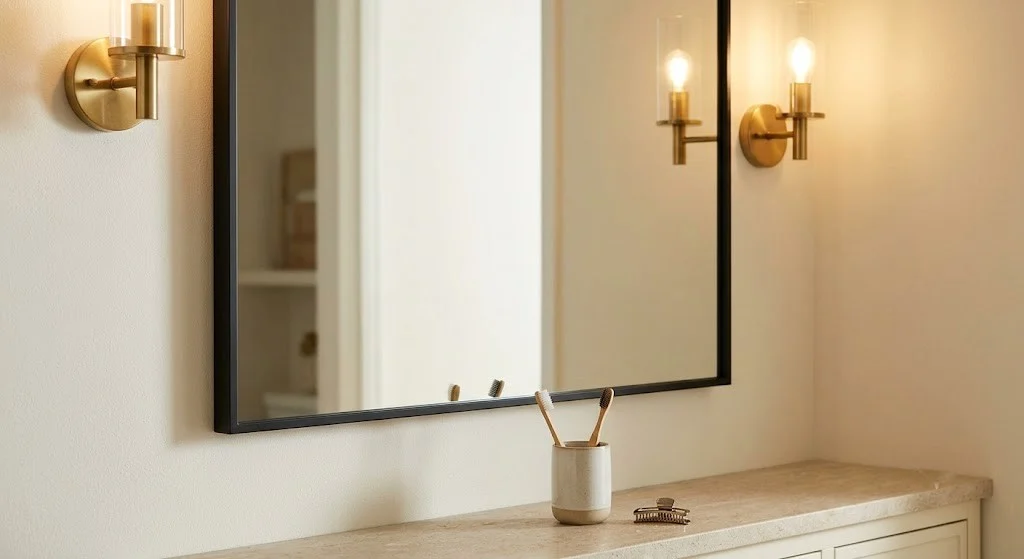 Stick-on black frame kit installed over a glued builder bathroom mirror