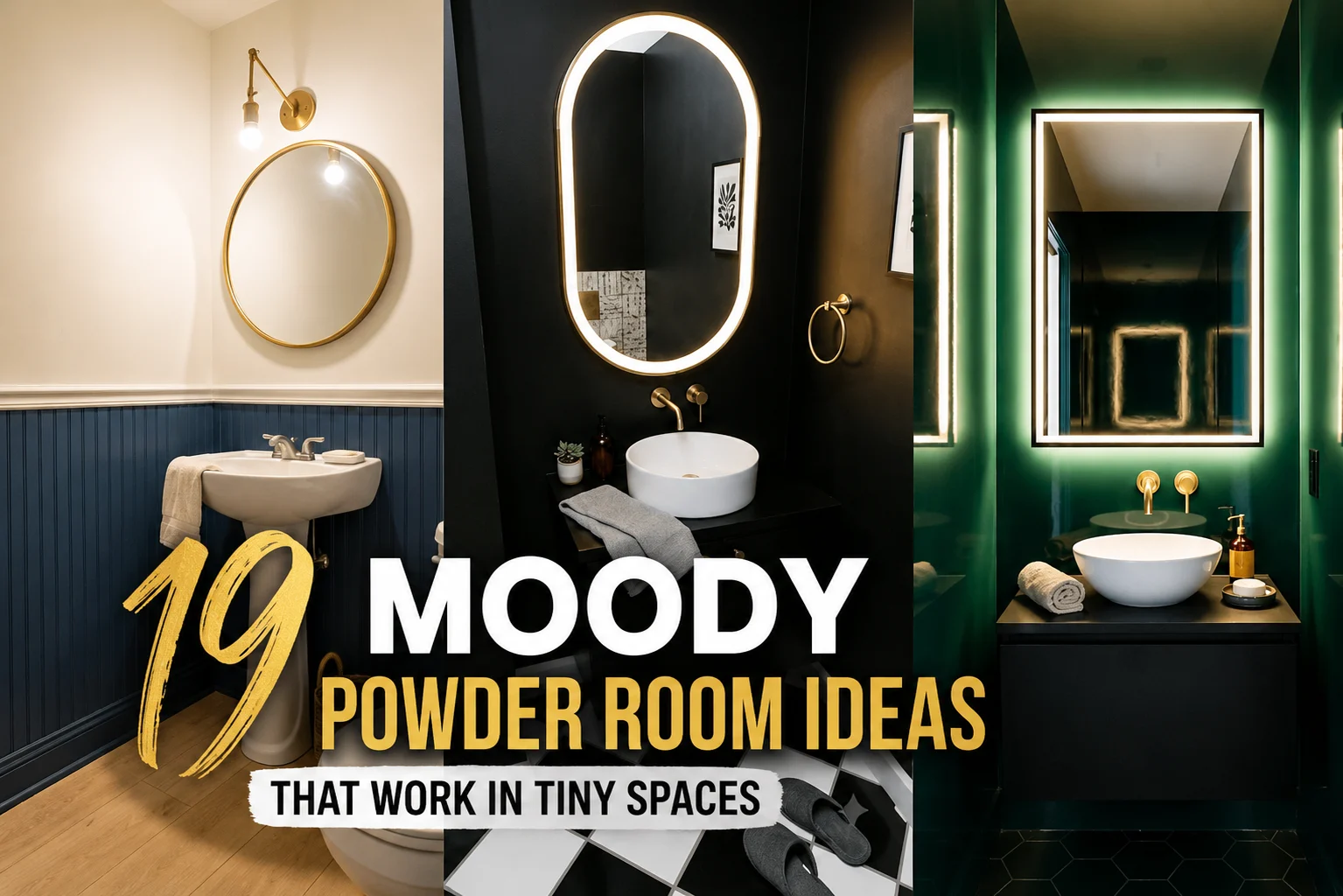 Backlit round mirror lighting soft-black limewash walls in a moody powder room