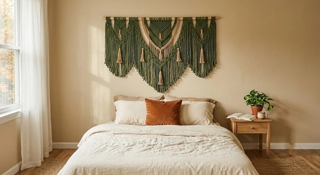 Moss green macramé wall hanging above a queen bed as a renter-friendly headboard replacement in a fall bedroom