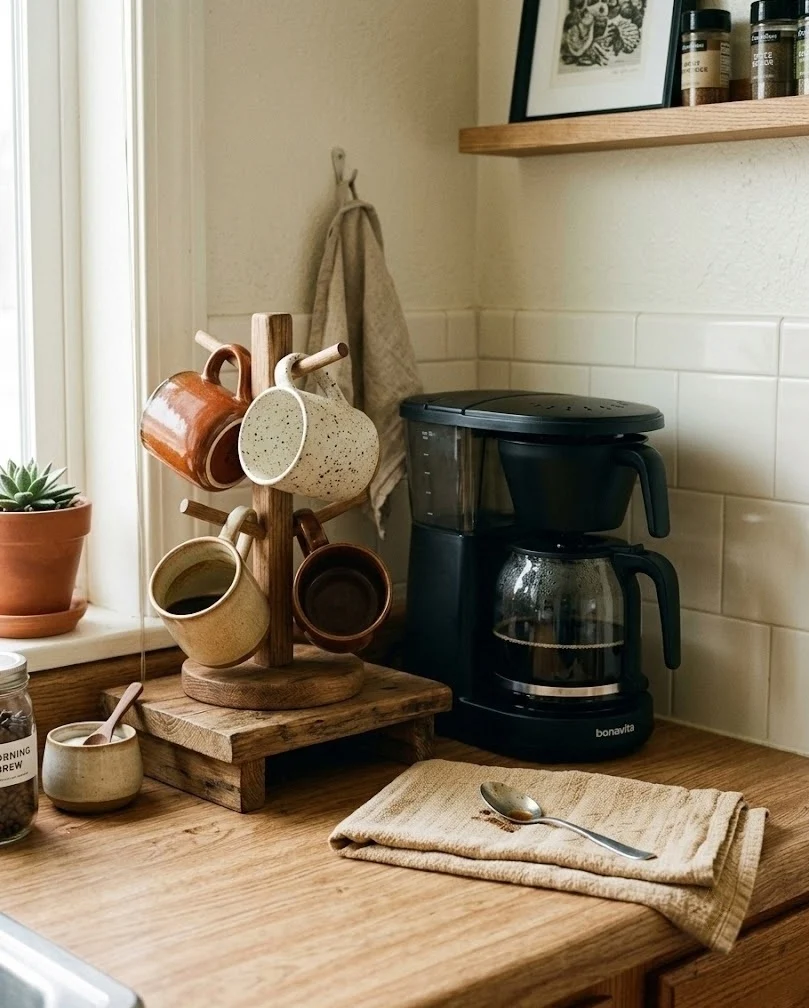 Fall kitchen counter decor: mug tree and riser in a small kitchen coffee corner