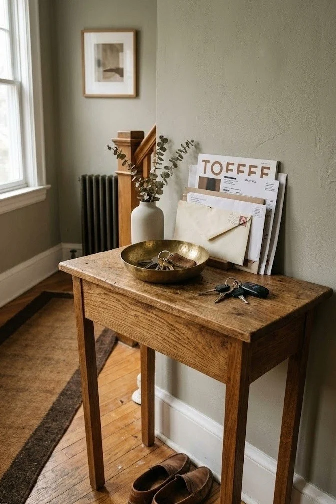 Narrow freestanding console as a small entryway idea for an apartment with no closet