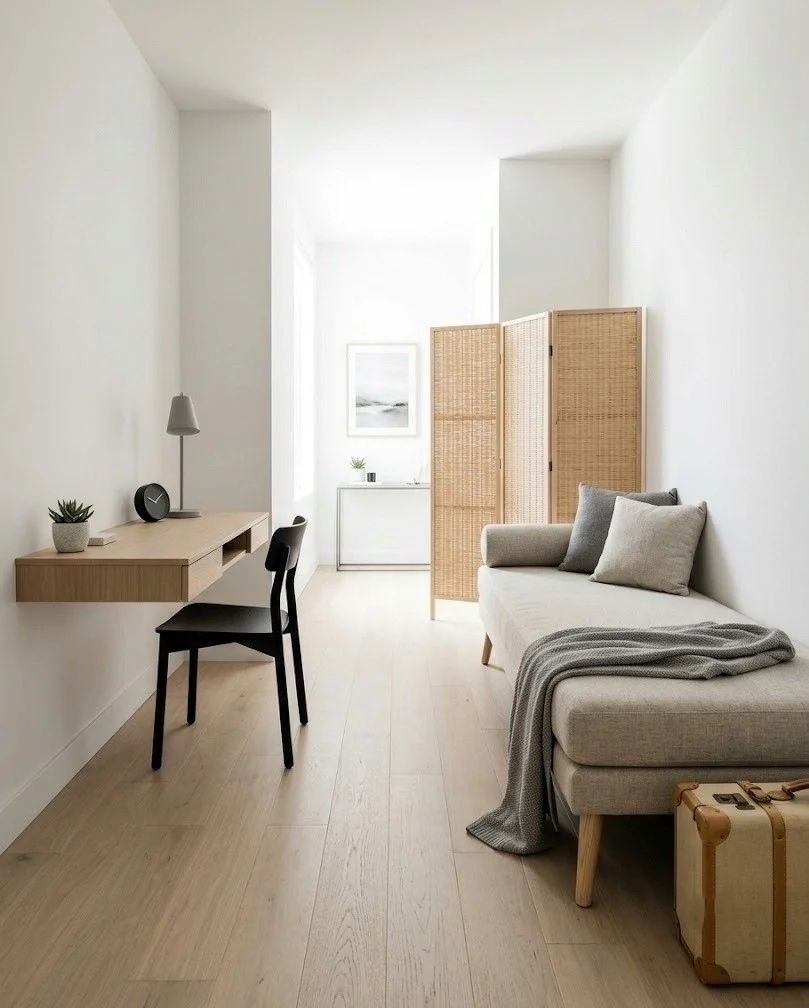Narrow daybed along a long wall with a floating desk opposite in a small room