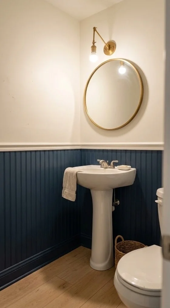 Navy beadboard wainscot with a pedestal sink and brass swing-arm sconce