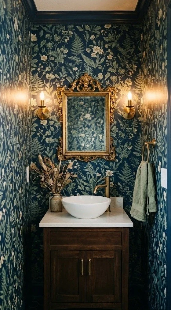 Navy botanical peel-and-stick paper and gold mirror in a moody powder room