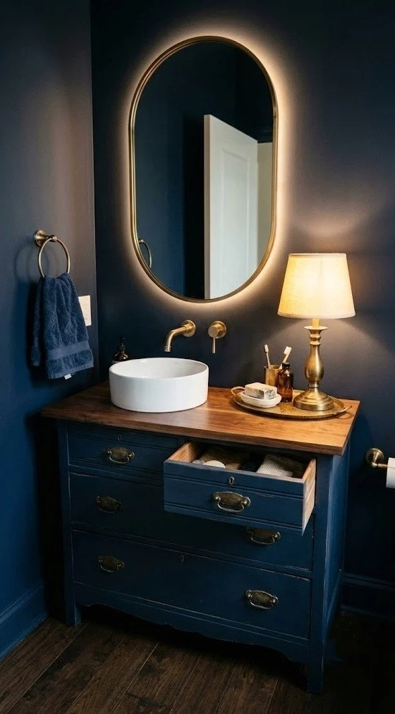 Navy vintage dresser vanity with a small warm brass counter lamp