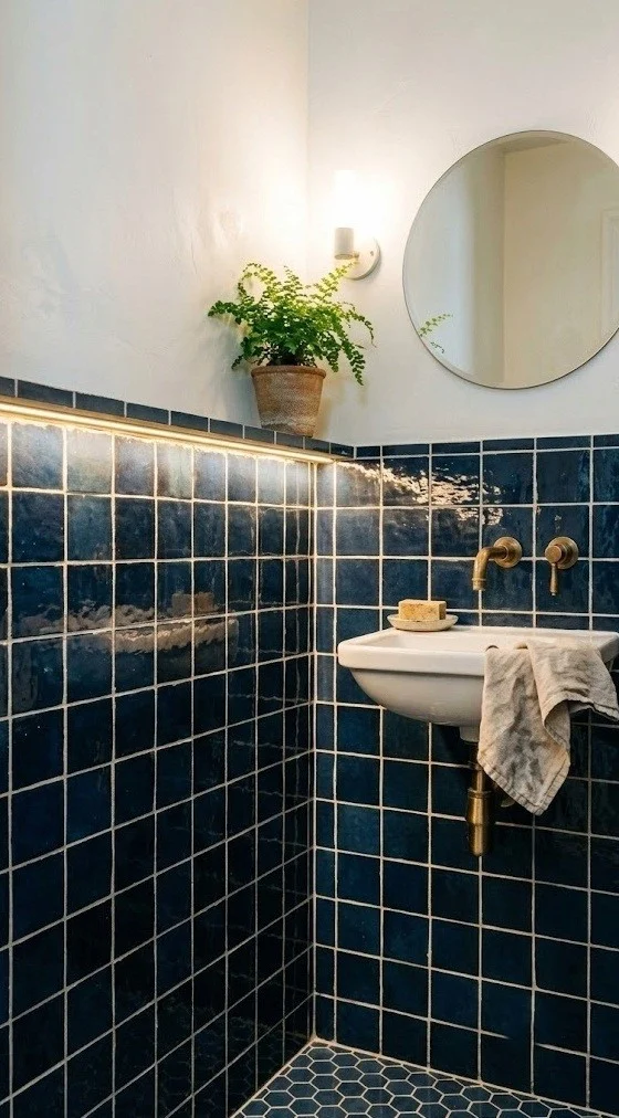 Glossy navy zellige wainscot with a warm under-shelf LED glow