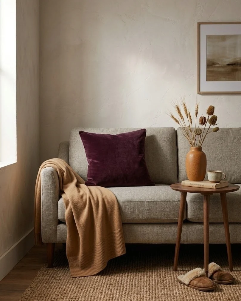 Warm neutral small living room with one deep plum accent for fall depth