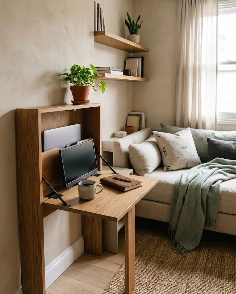 No-drill freestanding fold-down desk standing beside a daybed for renters