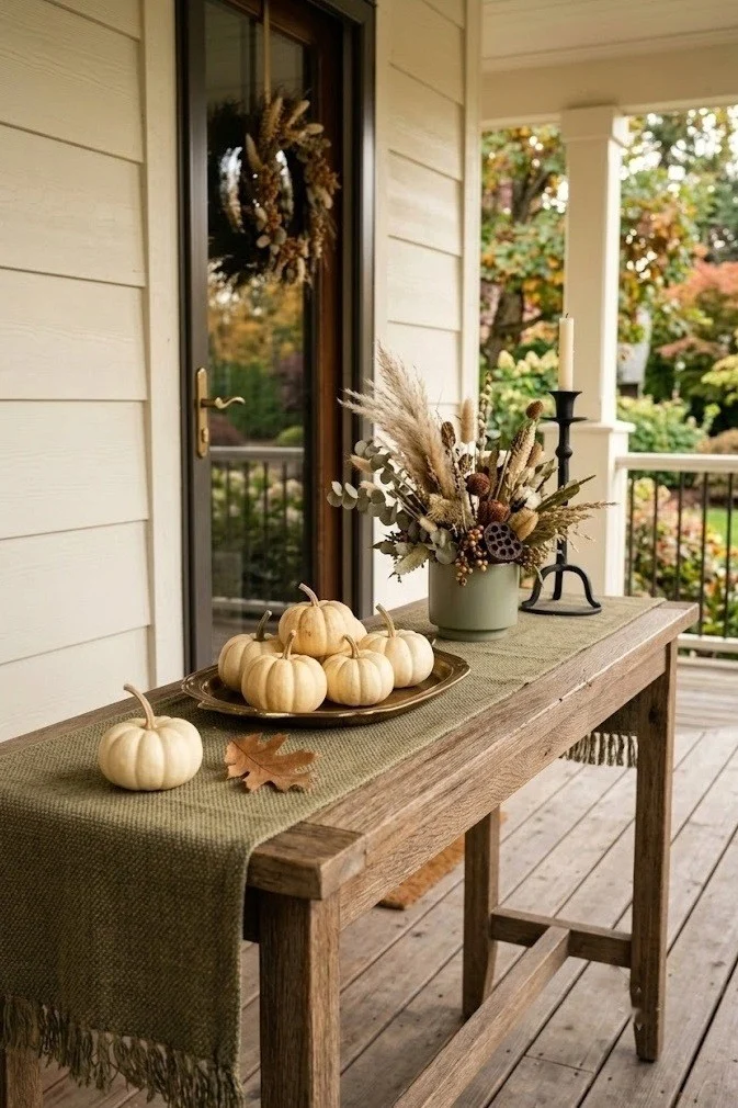 Olive runner and brass tray console vignette on a covered porch