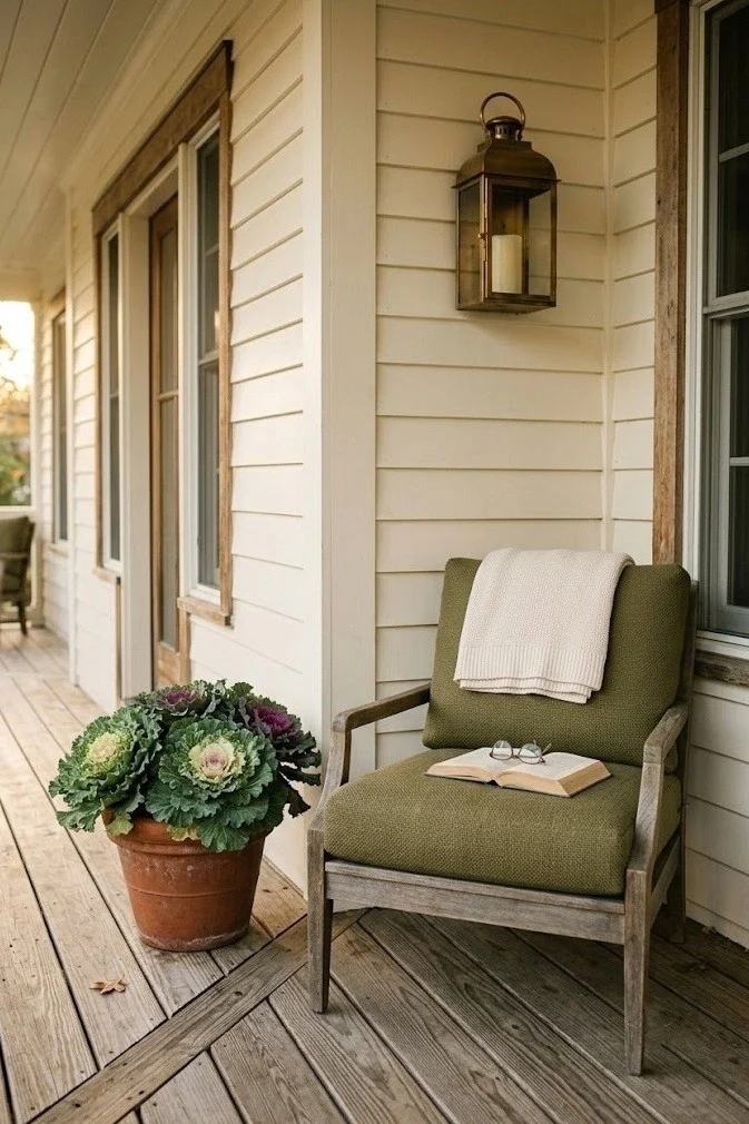 Pared-back olive and brass fall porch with a lantern, chair and kale