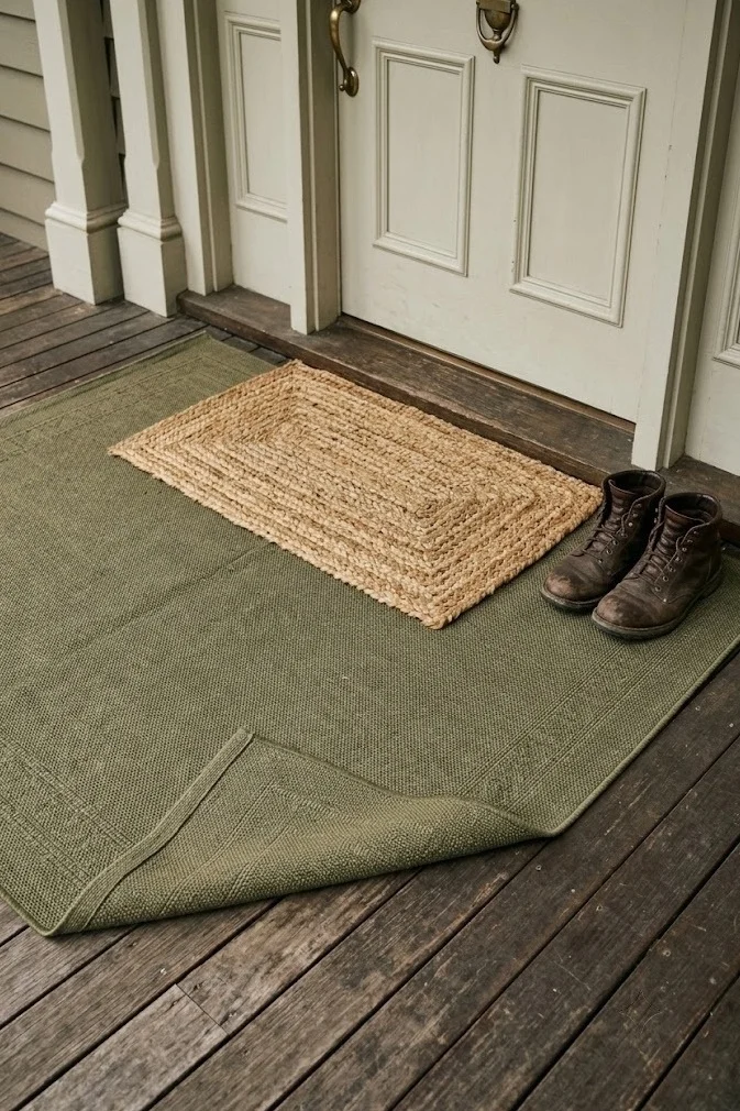 Olive flatweave rug layered under a jute mat on a covered porch