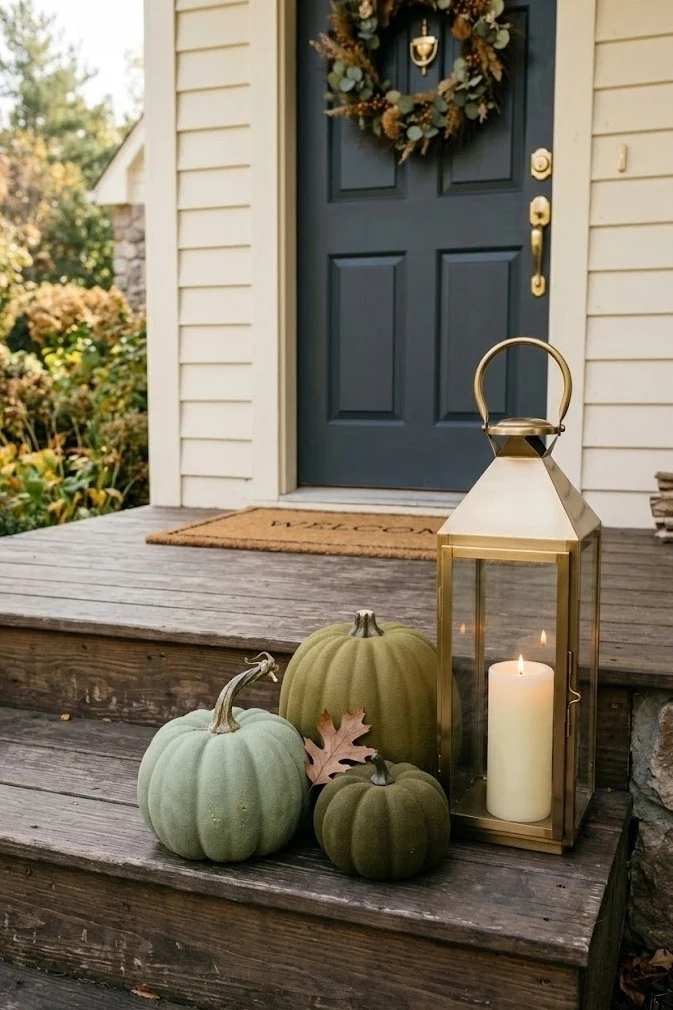 Sage and olive pumpkins with a brass lantern, neutral fall porch decor