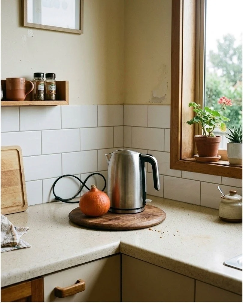 Fall kitchen counter decor in a small kitchen: kettle and gourd on a board
