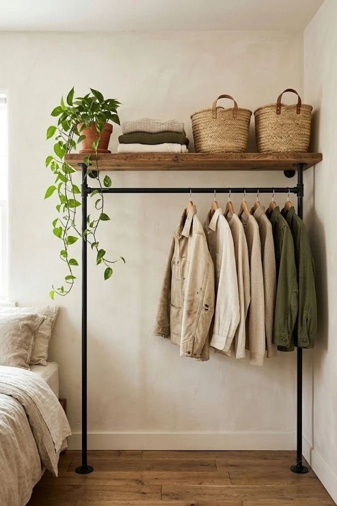 Open pipe clothing rail with a reclaimed-wood top shelf in a small bedroom