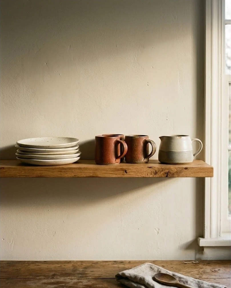 Open kitchen shelf styled with cream and rust stoneware
