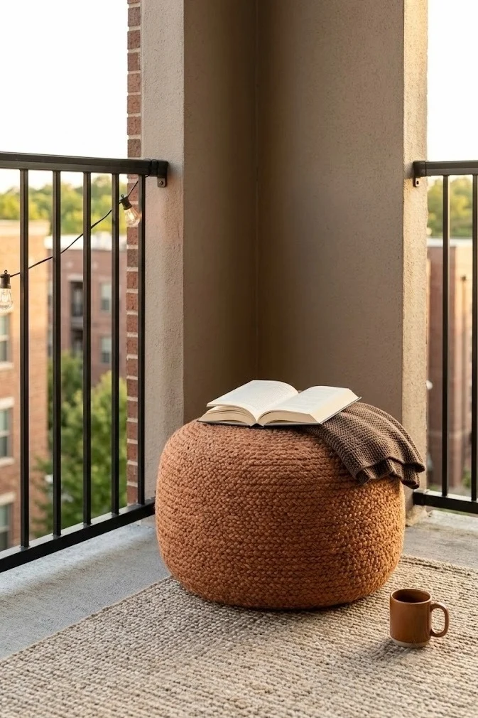 Nubby cinnamon outdoor floor pouf tucked into a cozy fall balcony corner