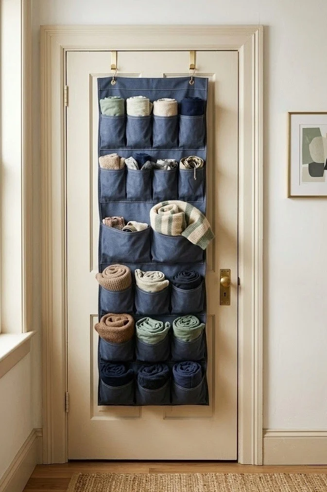 Over-door fabric organizer with folded items on the back of a bedroom door