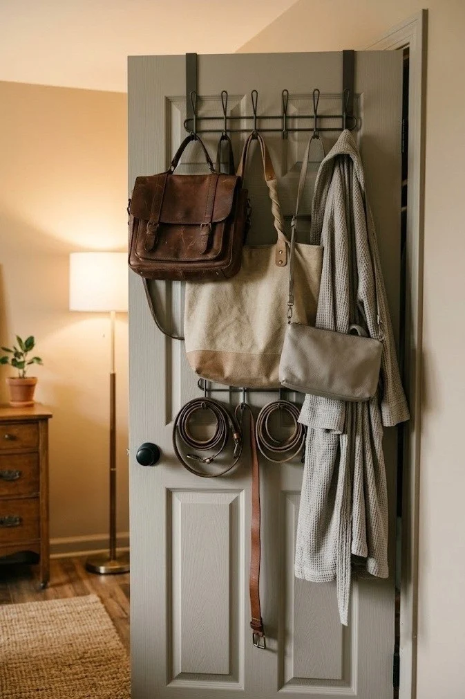 Over-the-door hook rack holding bags and belts on a closet door