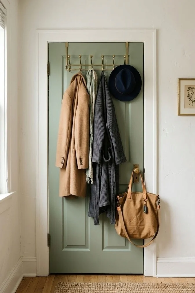 Over-door hook rack holding a coat and bag on a bedroom door