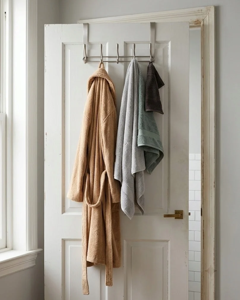 Over-the-door rack with five hooks holding towels and a robe on a bathroom door.