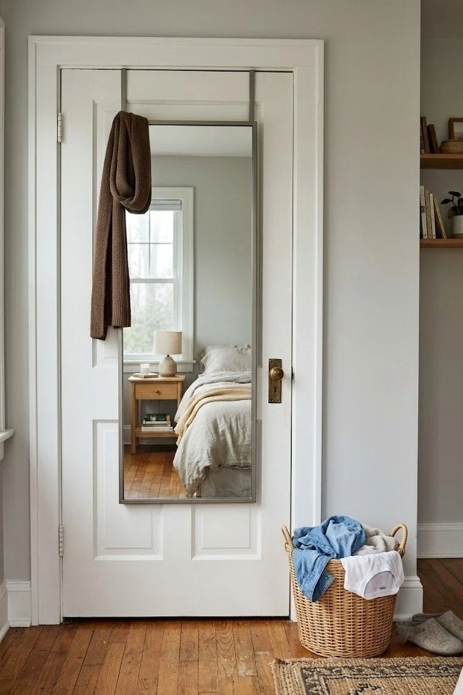 Over-the-door full-length mirror freeing floor space beside a small closet