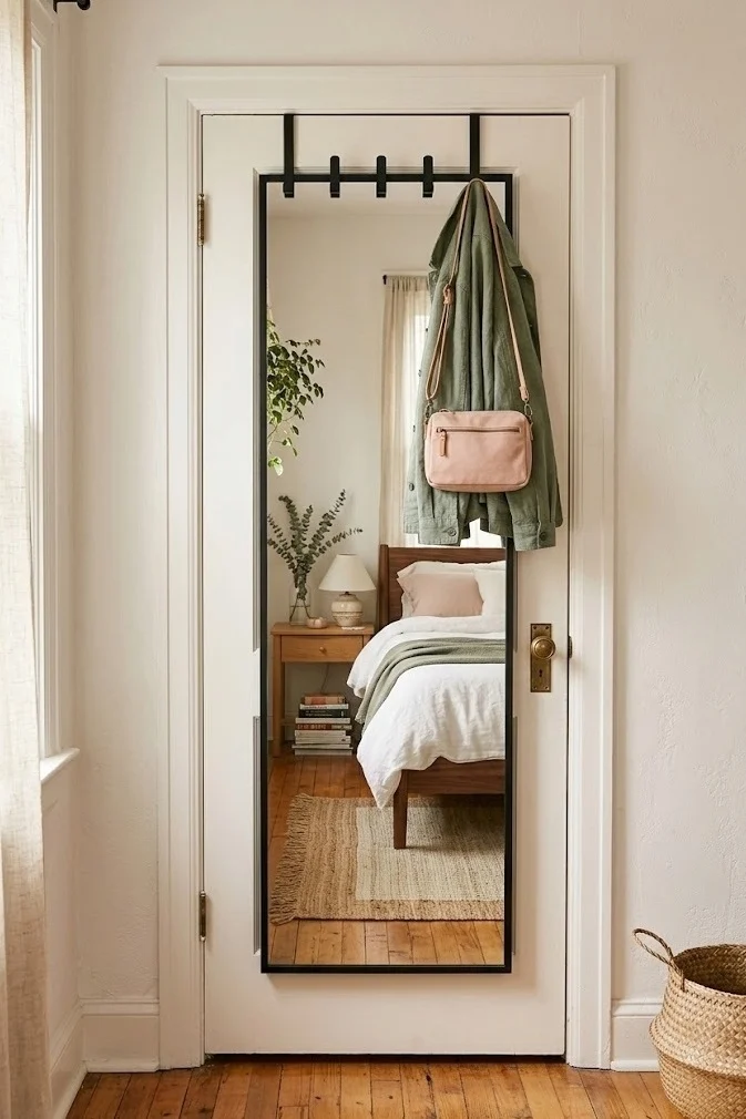 Over-door full-length mirror with hooks holding clothes in a bedroom