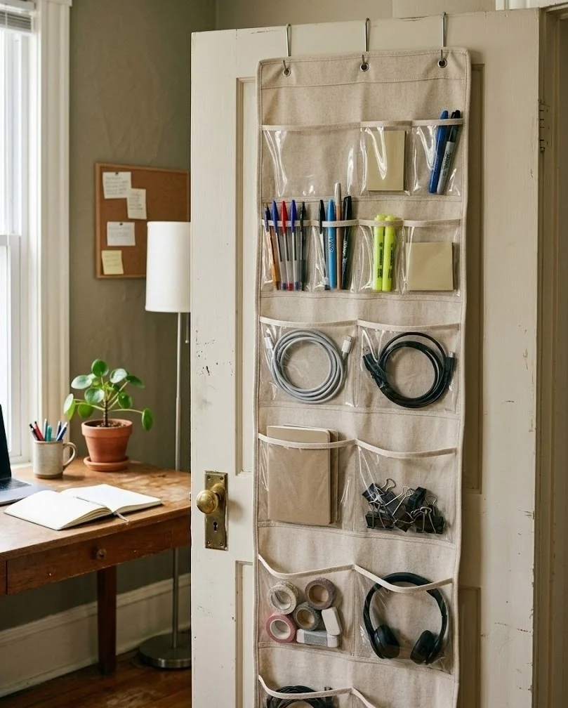Over-the-door organizer storing office supplies in a rental