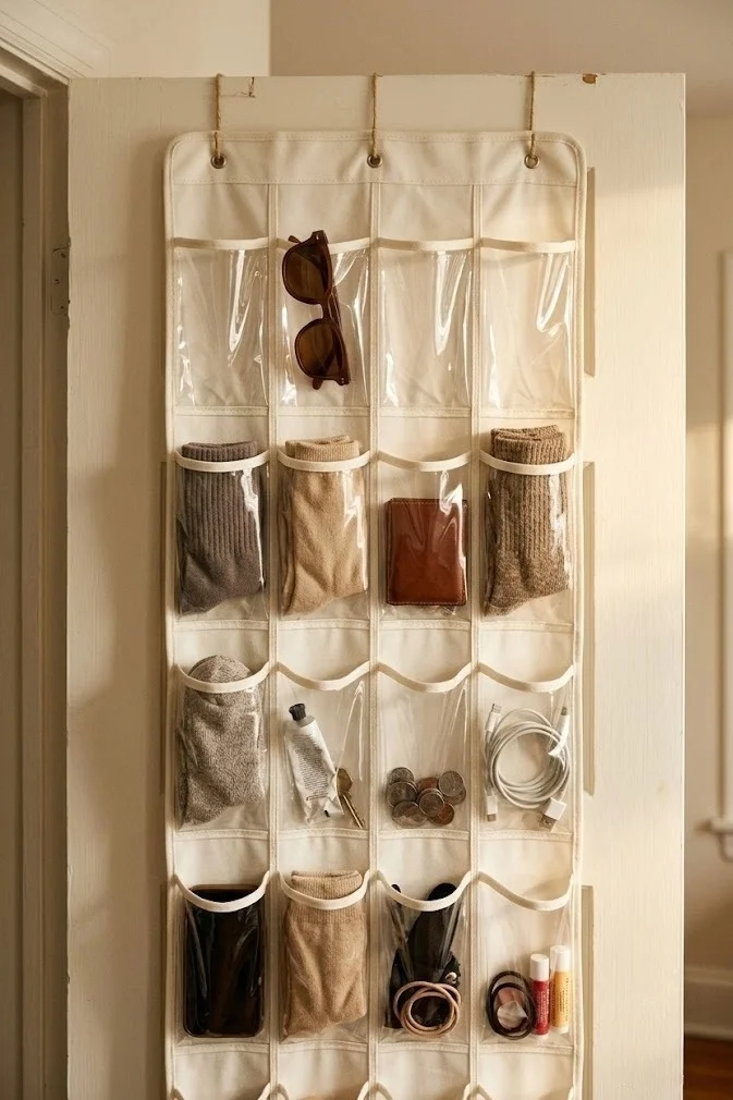Over-the-door pocket organizer holding accessories on the back of a closet door