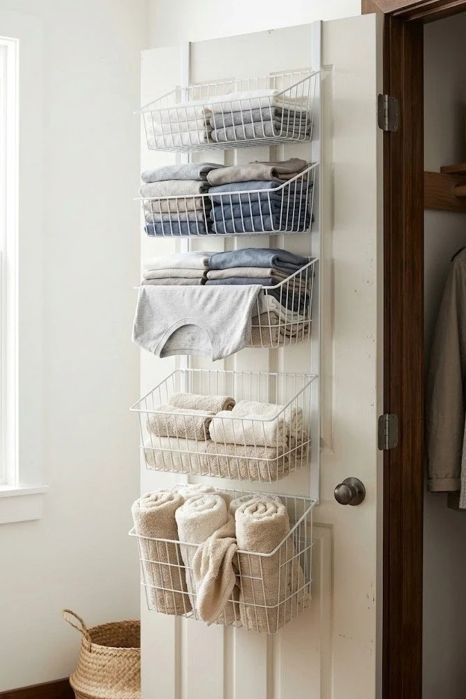 Over-the-door wire basket shelves holding folded tees and towels in a small closet