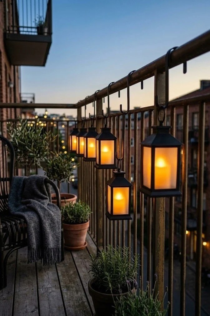 Flameless battery lanterns hung from over-rail hooks on a renter's fall balcony