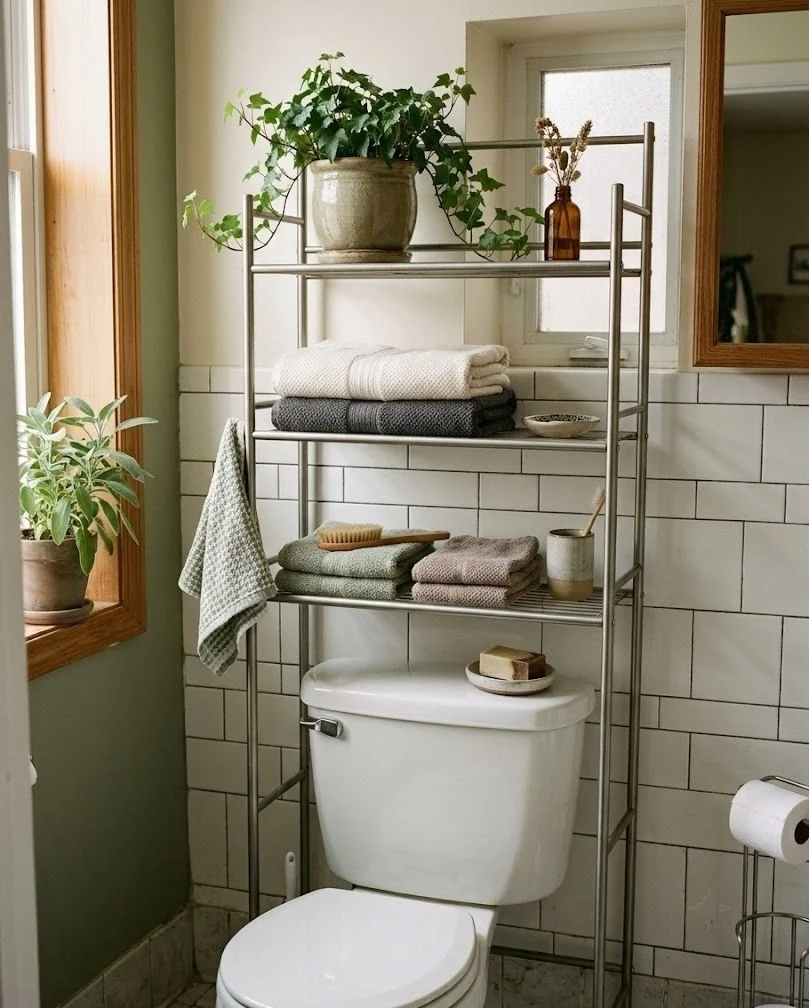 Freestanding over-the-toilet organizer in a small renter-friendly bathroom, holding towels and a plant.