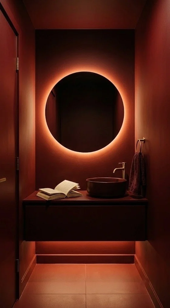 Full oxblood color-drench with a round backlit mirror and toe-kick glow