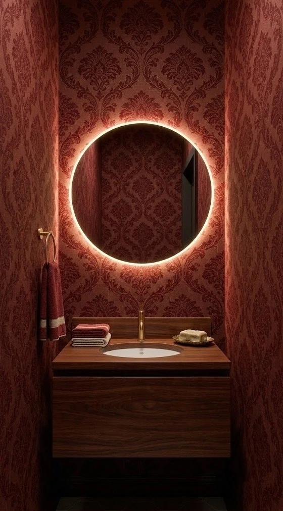 Oxblood damask peel-and-stick paper with a frameless LED mirror