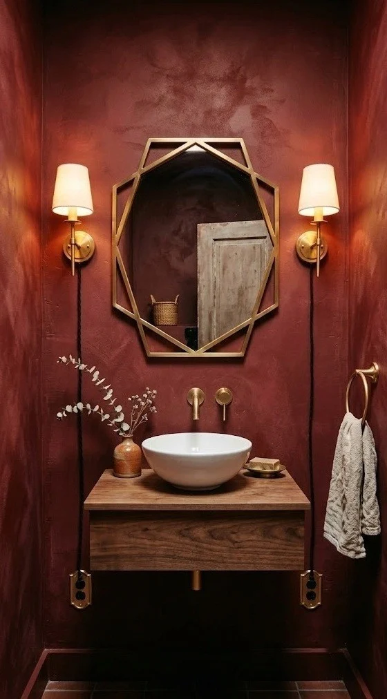 Oxblood limewash walls with a brass hexagon mirror in a moody powder room