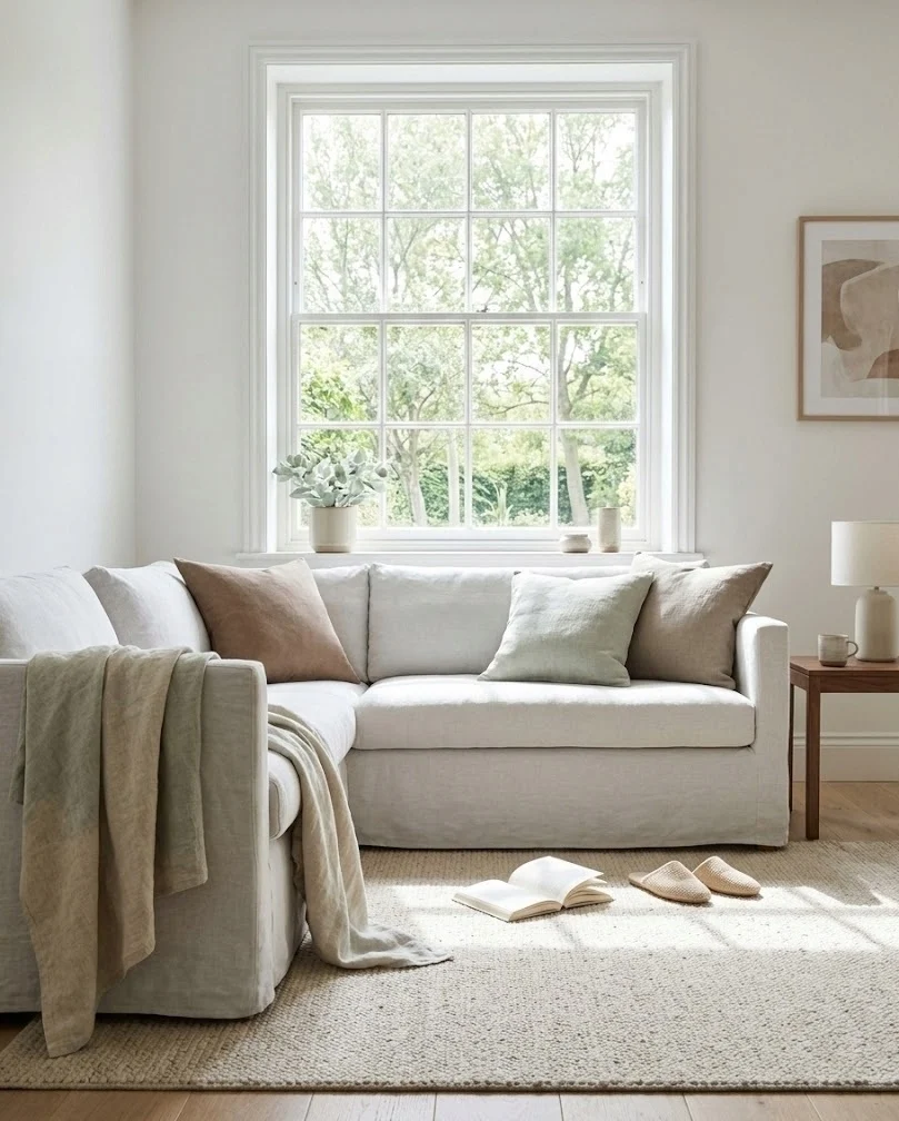 Pale sofa and light rug pulled toward the room's single bright window.